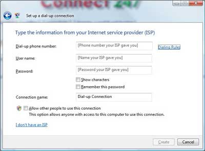 Dial-up internet access settings